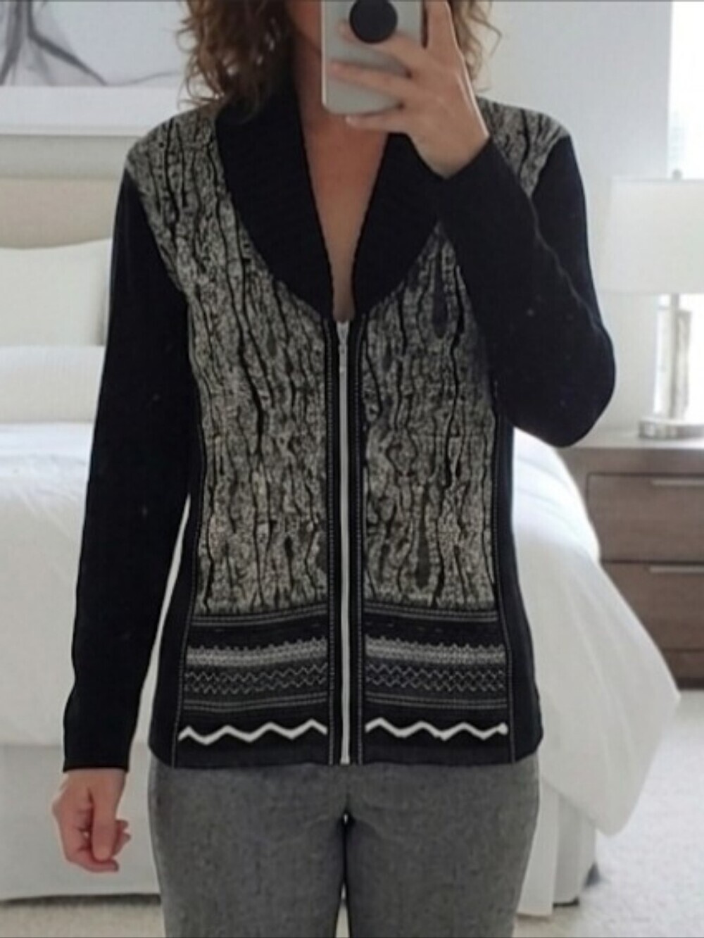 Vintage Dolcezza Sweater XL Zip Up Aztec Tribal Y2K Marble Black White Grunge